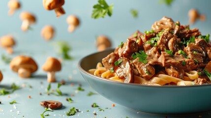 a bowl of pasta with meat and parsley