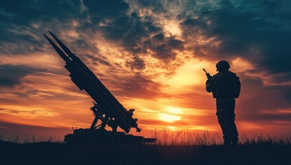 Silhouette of Soldier with Missile Defense System Against Vibrant Sunset Sky. Evening Background