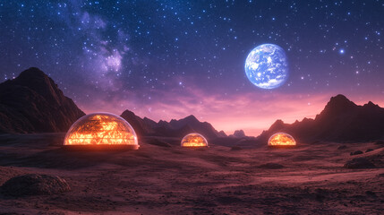 Glowing futuristic domes on an alien planet with a stunning starry sky and a distant Earth-like planet in the background