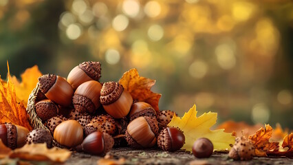 Fototapeta premium Autumn landscape. Autumn leaves and nuts.