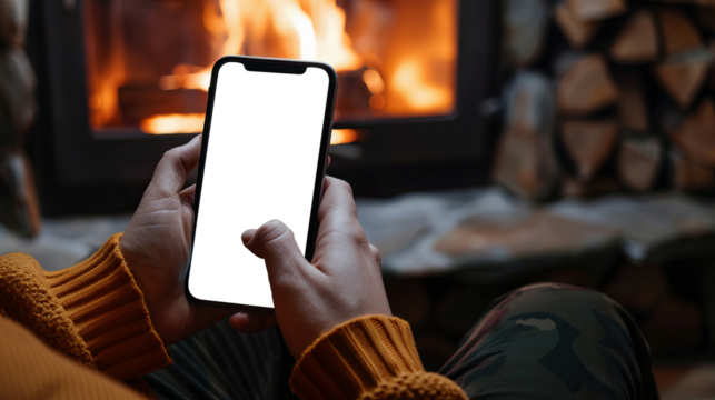 Person using phone in front of fireplace - Powered by Adobe