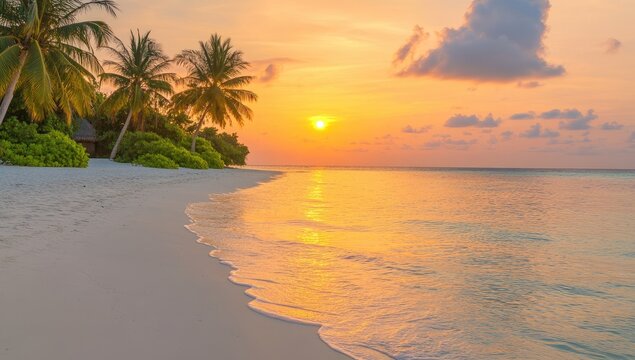 Sunset Over Maldives Beach, Calm Sea and Soft Sand with Ocean Waters Background