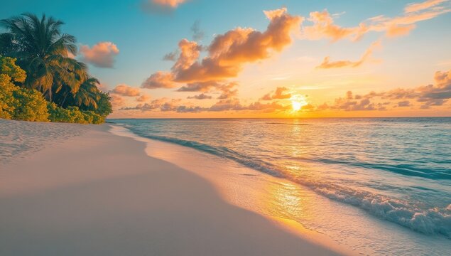 Sunset Over Maldives Beach, Calm Sea and Soft Sand with Ocean Waters Background
