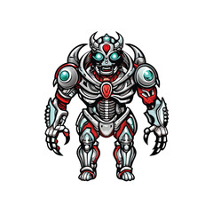 A cybernetic monster with robotic limbs, a white and red metallic exoskeleton, glowing blue eyes, and sharp claws.