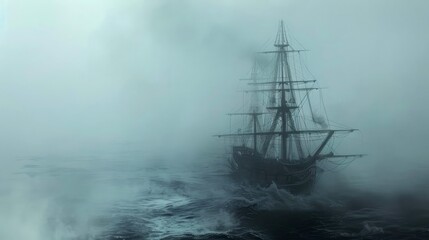 Fototapeta premium A Ship Emerging from a Thick Fog on the Ocean