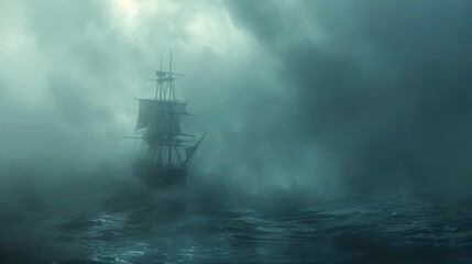 Fototapeta premium A Silhouette of a Ship Sailing Through a Foggy Sea