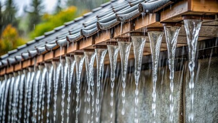Water cascades down from the edge of a roof, forming a transparent veil that glistens in the sunlight, pouring onto the wet pavement below.
