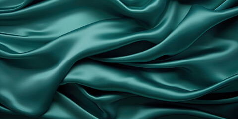 A close-up shot of a teal satin fabric, showcasing its smooth, glossy texture and elegant drapes.