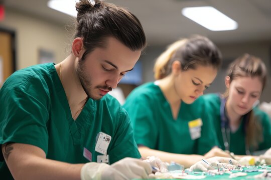 A group of medical students practicing suturing techniques on a simulation model. They are wearing scrubs and focused
