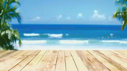 Fototapeta premium Wooden Deck Overlooking Palm Trees and Vibrant Blue Ocean, Tropical Summer Showcase with Gentle Waves Background