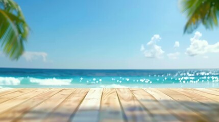 Fototapeta premium Wooden Deck Overlooking Palm Trees and Vibrant Blue Ocean, Tropical Summer Showcase with Gentle Waves Background