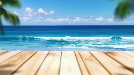 Fototapeta premium Wooden Deck Overlooking Palm Trees and Vibrant Blue Ocean, Tropical Summer Showcase with Gentle Waves Background