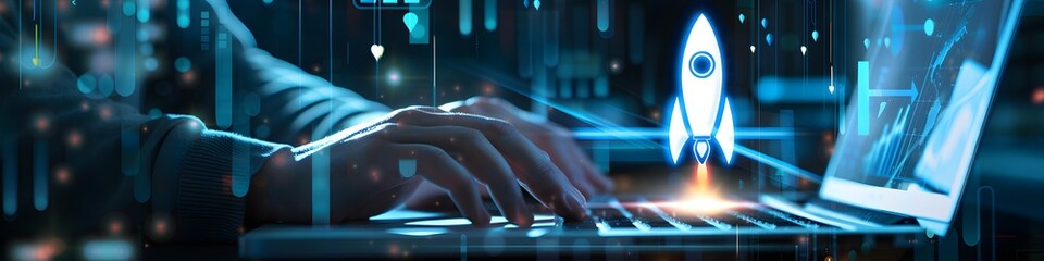 Startup business concept, Businessman use laptop with virtual screen of rocket icon and up arrow for fast start up business. Strategic planning and business success