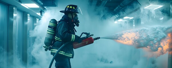 Fototapeta premium Firefighter in Full Gear Using Fire Extinguisher in Smoky Corridor
