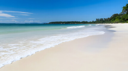 Obraz premium A picturesque white sandy beach with crystal-clear blue waves gently lapping the shore, set under a bright, clear sky with no clouds in sight.
