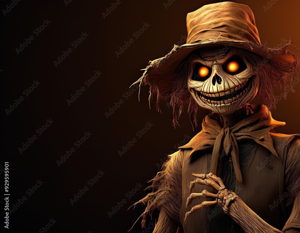 Wall mural Spooky haunted scarecrow graphic 3D illustration for Halloween party invitation cards, banners, posters, social media, graphics design