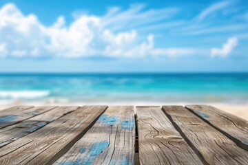 Fototapeta premium Wooden Tabletop Overlooking Sea Beach and Blue Sky, Sunny Day with Fluffy White Clouds for Product Presentation