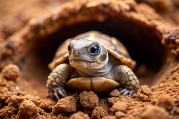 Obraz premium Small brown and white turtle with black head cautiously emerges from underground hole, its curious eyes peeking out of the earthy surroundings.