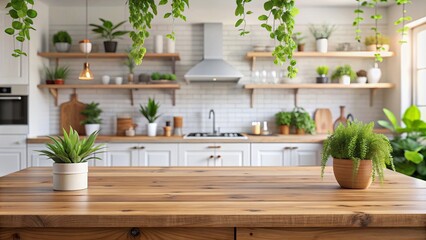 Natural wood table top adorned with lush green plants and a vase amidst a blurred kitchen counter background with cabinets and wall decorations.