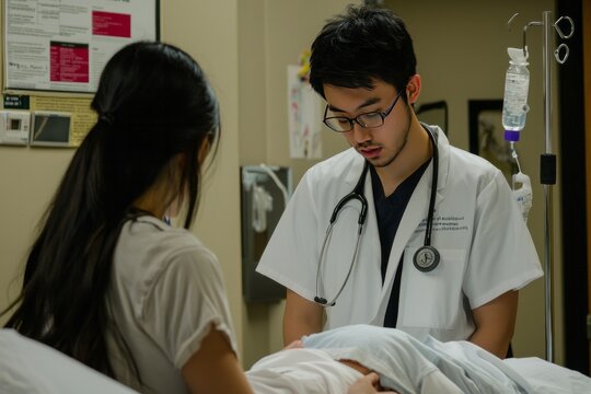 Medical students practicing communication skills with simulated patients. They are engaging in role-playing scenarios