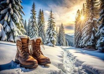 Winter wonderland scenery featuring a pair of rugged hiking boots trekking through deep snow in a serene mountain forest, surrounded by towering evergreen trees.