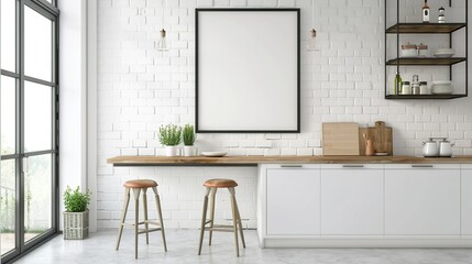 Minimalist Kitchen Interior with Bar Stools and a Blank Canvas