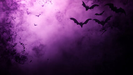 Halloween background with a swarm of bats in a purple sky.