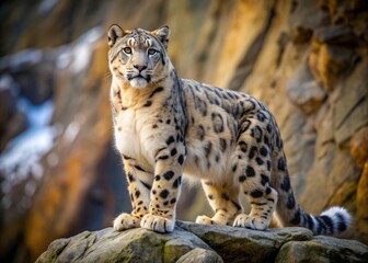 Obraz premium Vibrant snow leopard stands majestically on a rocky cliff, its thick fur glistening in shades of smoky gray, golden brown, and creamy white.