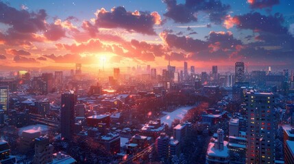 A Cityscape Under a Pink-Hued Sky with Falling Snow