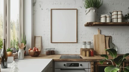 Modern Kitchen with Blank Frame on White Brick Wall