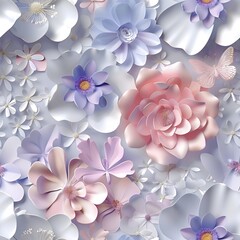 A vibrant arrangement of various paper flowers in soft pastel colors.