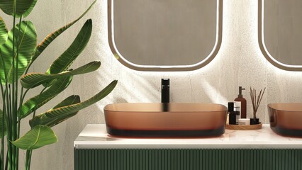 Green bathroom vanity counter, amber glass washbasin, black faucet, mirror in sunlight on stone tile wall, tropical tree for luxury beauty, cosmetic, skincare, toiletries product background 3D