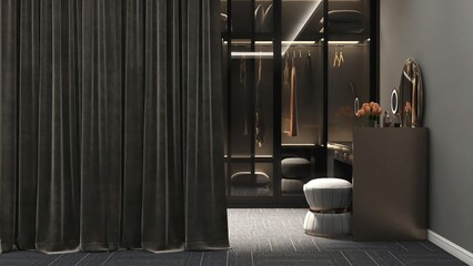 Woman’s wardrobe with amber glass door, dressing table, stool in gray wall bedroom with black carpet floor, drapery curtain for interior design decoration, product background 3D