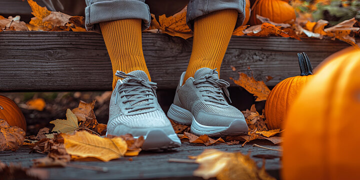 Sneakers with mustard-colored socks, worn by an individual sitting on wooden steps surrounded by pumpkins and autumn leaves, generative AI