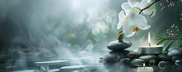 Keuken achterwand Spa White Orchid and Burning Candles with Stones in Water and Smoke  © rehan