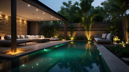 Architectural exterior design of lush green backyard of a palace, dark moody theme, crystal clear swimming pool filled with water of a house 