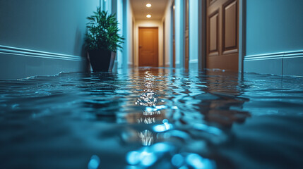 hallway with water damage showing severe flooding, illustrating the destructive impact of water and the need for urgent repairs
