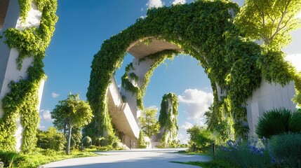 Fototapeta premium A 3D building designed as a large, ivy-covered arch, blending with nature, set against a bright blue sky, no people.