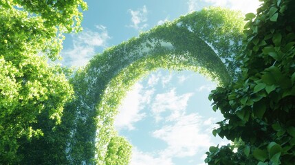 A 3D building designed as a large, ivy-covered arch, blending with nature, set against a bright blue sky, no people.