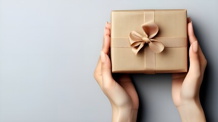 A pair of hands holding a gift wrapped in brown paper with a golden ribbon tied in a bow on top. The background is a plain, light grey surface. 