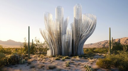 Innovative 3D building in the shape of a sprawling cactus, with tall, segmented arms, against a clear sky, no people.