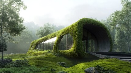 Innovative 3D building resembling a large moss-covered log, integrating with nature, against a serene backdrop, no people.