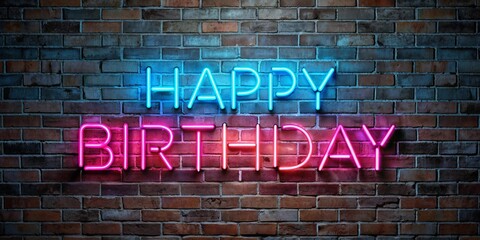 Obraz premium Neon happy birthday sign glowing on a textured brick wall background