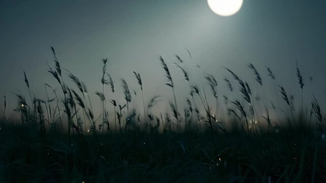 Gently blowing wind through tall grass at dusk creates a spooky atmosphere perfect for halloween projects, with shadows and moonlight adding to the eerie, creepy vibe