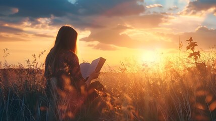 Concept for faith, spirituality, and religion with a Christian woman reading the Bible in a field at a gorgeous sunset
