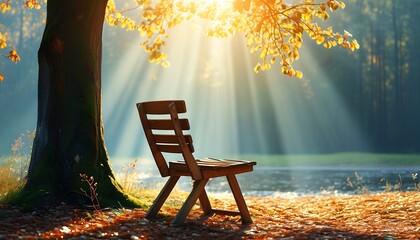 The sun shines on the trees, and there is a wooden chair next to it, which is simple and beautiful.