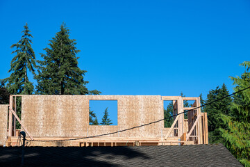 Fototapeta premium Summer construction season, view of second story new house build in progress at the framing stage, as viewed from over the roof of the house below, sunny clear blue sky and green evergreen trees 