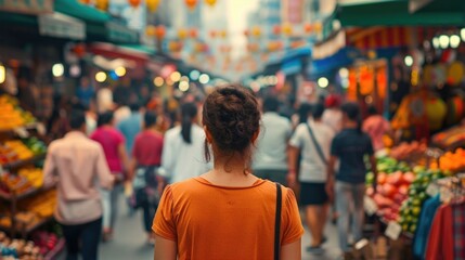 Fototapeta premium Vibrant and bustling multicultural marketplace scene with a blurred depth of field showcasing a diverse array of commercial activity cultural exchange and dynamic human interactions