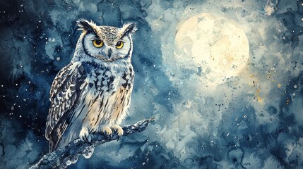 Watercolor owl perched on a branch, with detailed feathers and a moonlit sky.