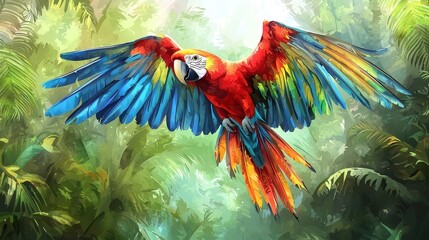 Fototapeta premium Watercolor parrot with vibrant feathers, flying through a tropical jungle.